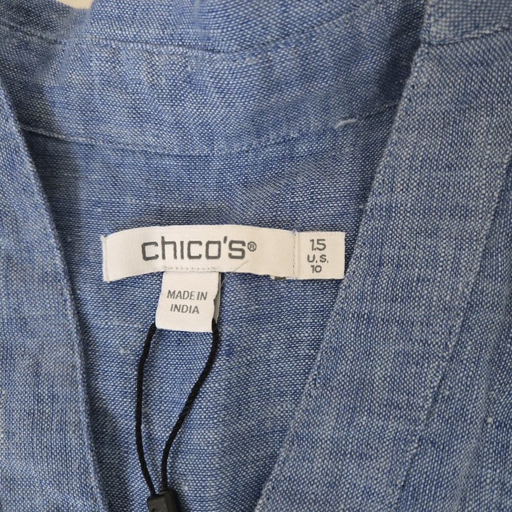 CHICO'S 100% Linen Sz 1.5 NWT Blue Floral Crop S/Sl Women's Button Front Blouse - Picture 2 of 9